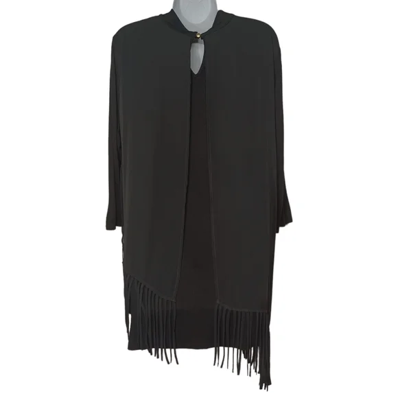 CHICO'S Fringe Asymmetric Hem Semi Sheer Overlay Black Top 2 (Large) - Picture 3 of 9